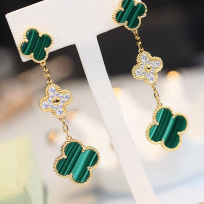 [Vintora]CLOVER EARRINGS GOLD MALACHITE DIAMOND 3 MOTIF
