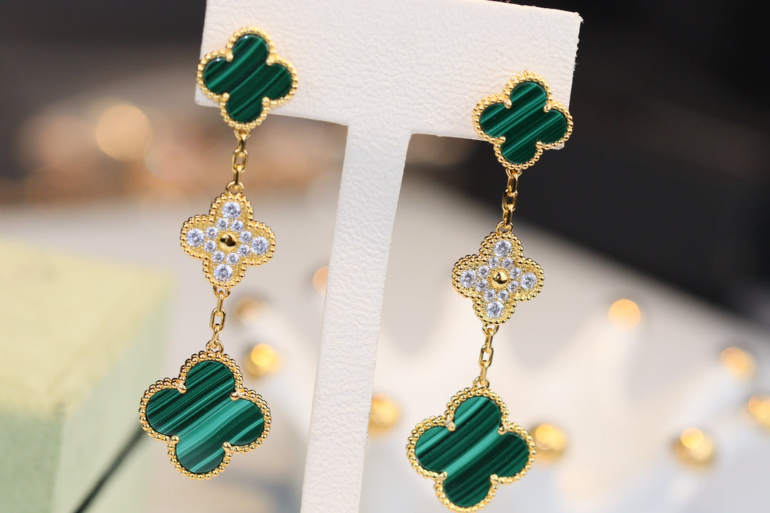 [Vintora]CLOVER EARRINGS GOLD MALACHITE DIAMOND 3 MOTIF