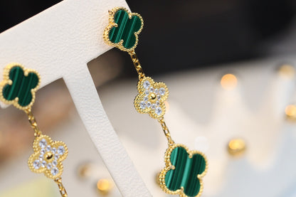 [Vintora]CLOVER EARRINGS GOLD MALACHITE DIAMOND 3 MOTIF