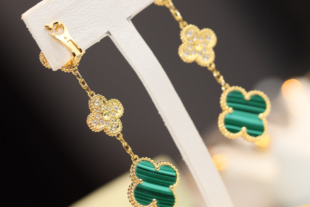 [Vintora]CLOVER EARRINGS GOLD MALACHITE DIAMOND 3 MOTIF