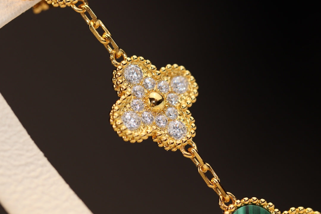 [Vintora]CLOVER EARRINGS GOLD MALACHITE DIAMOND 3 MOTIF