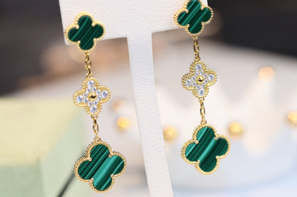 [Vintora]CLOVER EARRINGS GOLD MALACHITE DIAMOND 3 MOTIF