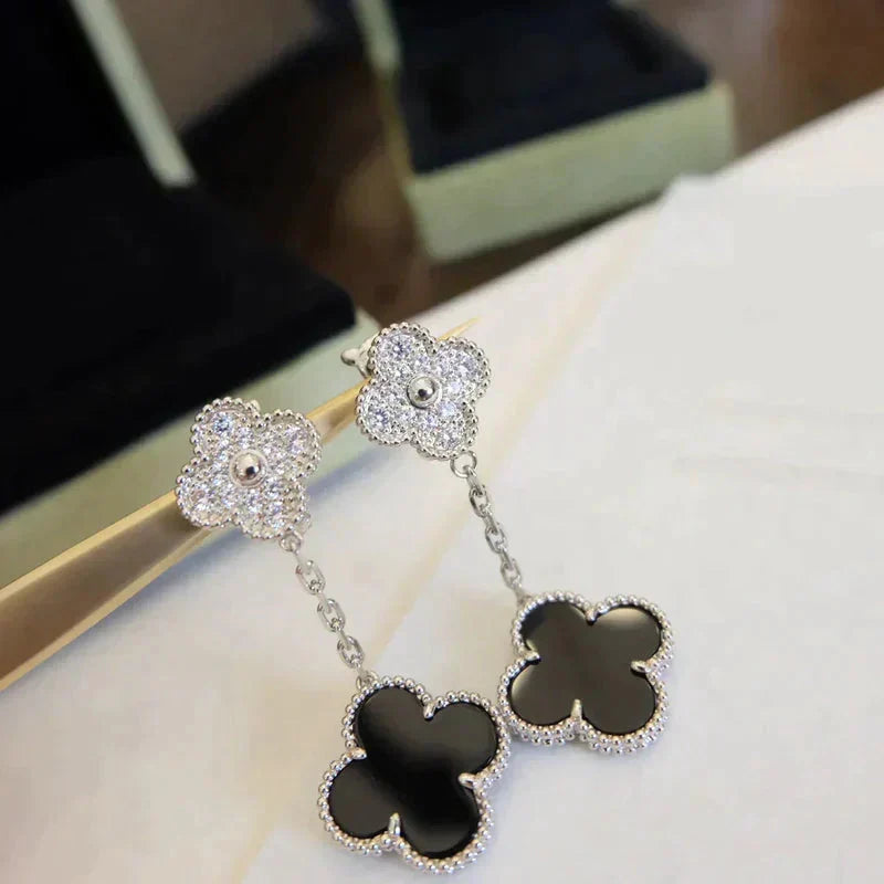 [Vintora]CLOVER 2 MOTIFS  DIAMOND ONYX EARRINGS SILVER