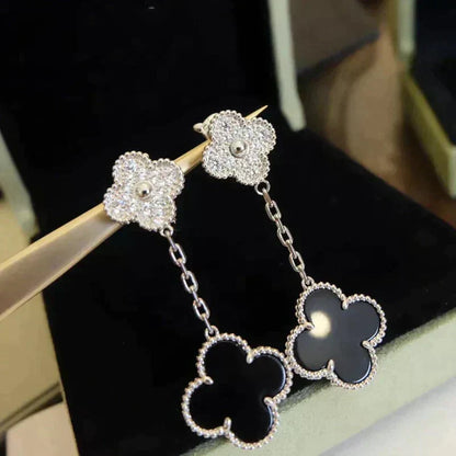 [Vintora]CLOVER 2 MOTIFS  DIAMOND ONYX EARRINGS SILVER