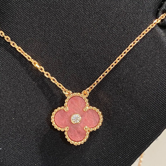 [Vintora]CLOVER 15MM DIAMOND RHODONITE NECKLACE