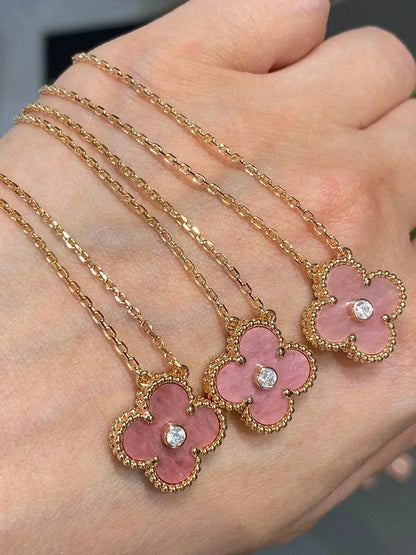 [Vintora]CLOVER 15MM DIAMOND RHODONITE NECKLACE