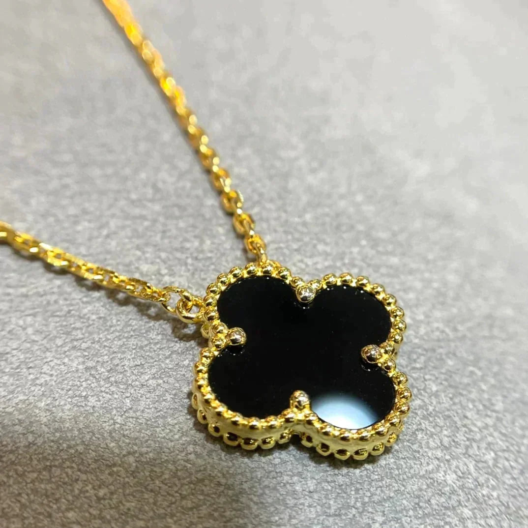 [Vintora]CLOVER 15MM BLACK ONYX SINGLE FLOWER NECKLACE