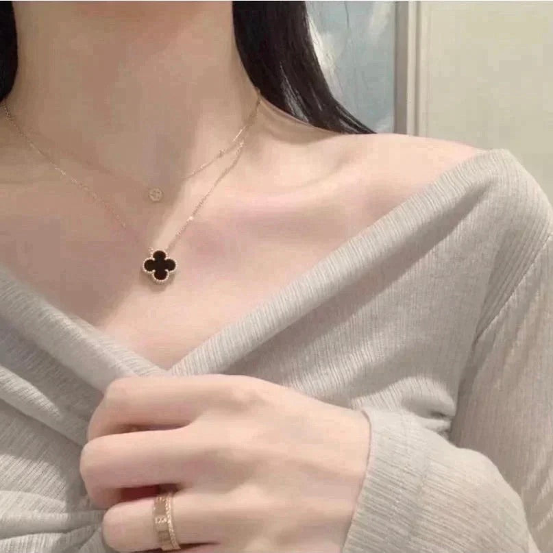 [Vintora]CLOVER 15MM BLACK ONYX SINGLE FLOWER NECKLACE
