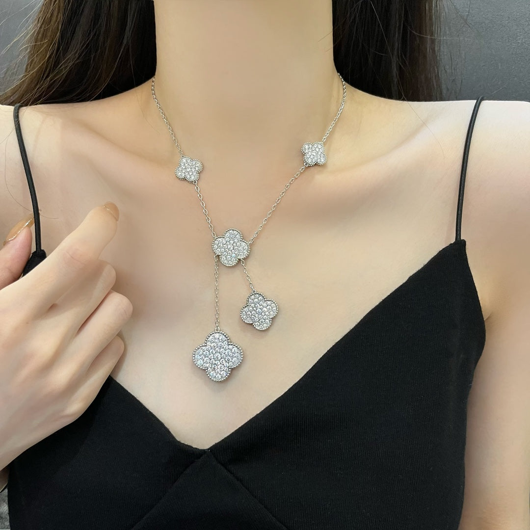 [Vintora]CLOVER 5 MOTIFS SILVER DIAMONDS NECKLACE
