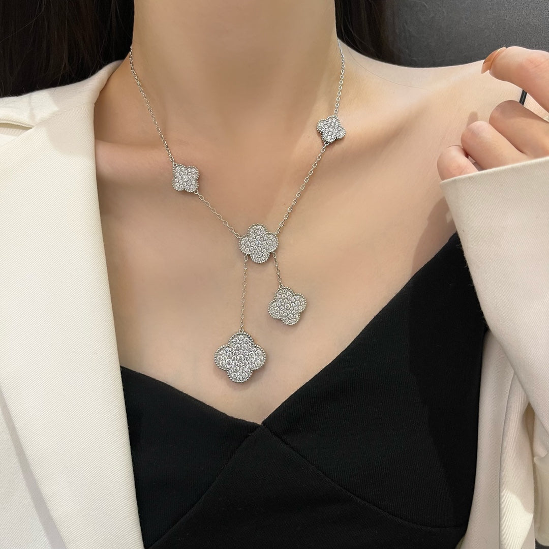 [Vintora]CLOVER 5 MOTIFS SILVER DIAMONDS NECKLACE