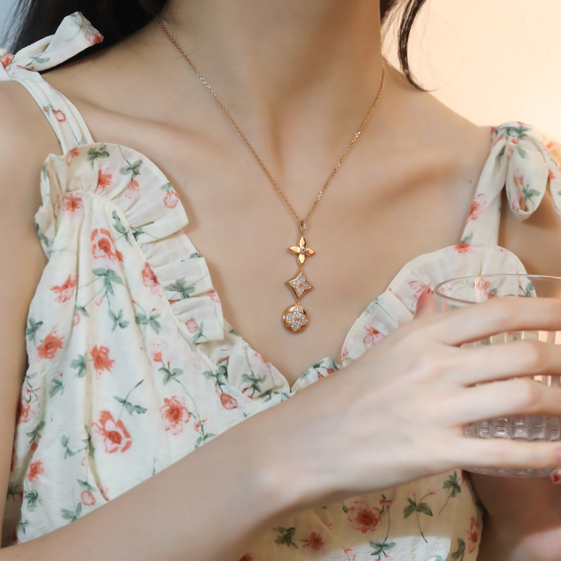 [Vintora]STAR AND SUN DIAMOND PINK GOLD NECKLACE