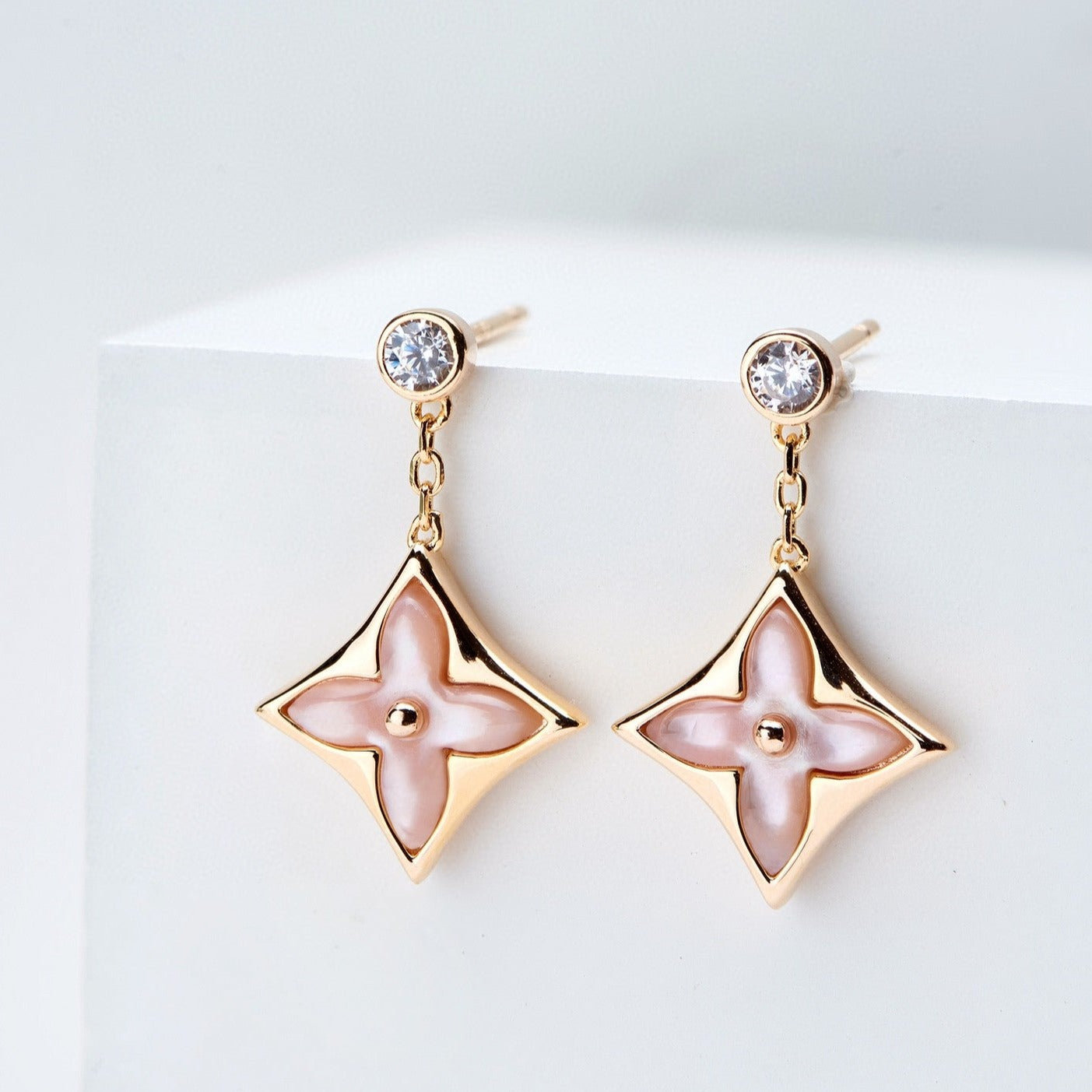 [Vintora]DOUBLE STAR PINK GOLD MOP DROP EARRINGS
