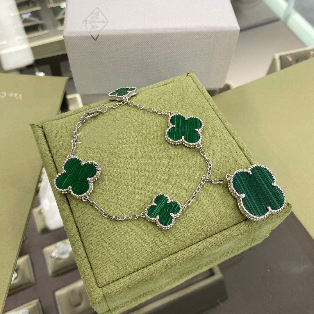[Vintora]CLOVER 5 MOTIFS SIVLER MALACHITE BRACELET