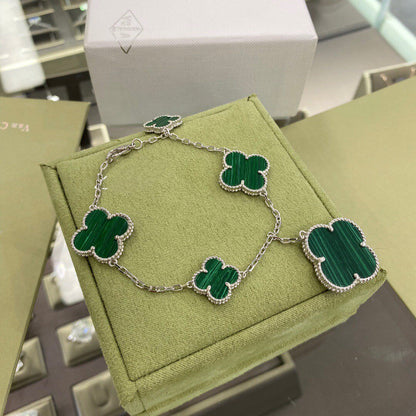 [Vintora]CLOVER 5 MOTIFS SIVLER MALACHITE BRACELET