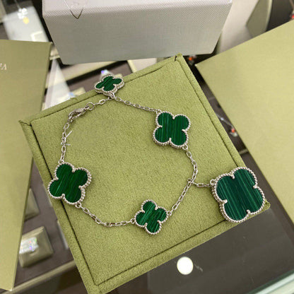 [Vintora]CLOVER 5 MOTIFS SIVLER MALACHITE BRACELET