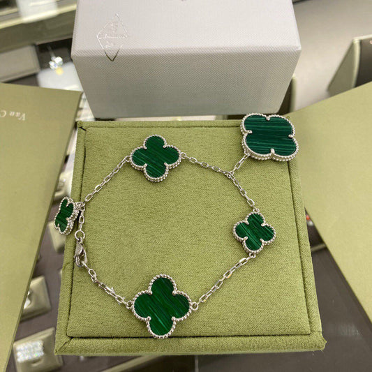[Vintora]CLOVER 5 MOTIFS SIVLER MALACHITE BRACELET