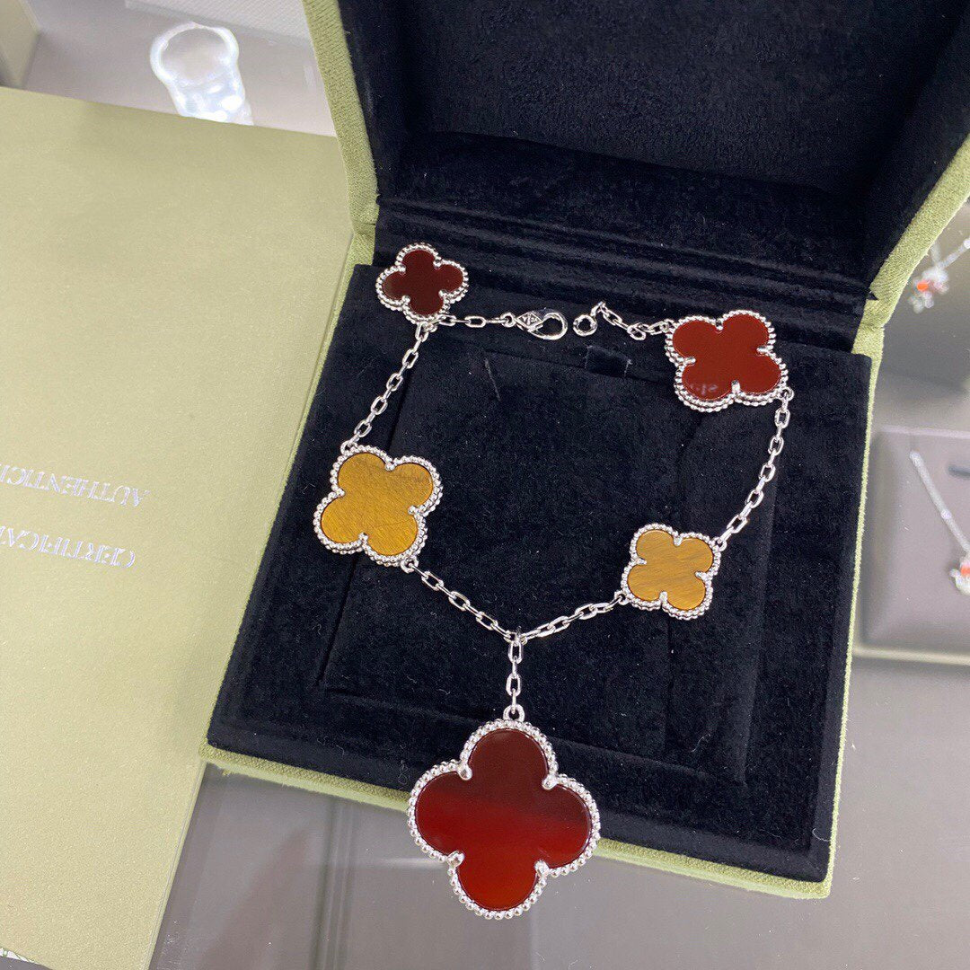 [Vintora]CLOVER 5 MOTIFS SIVLER CARNELIAN TIGER EYE BRACELET