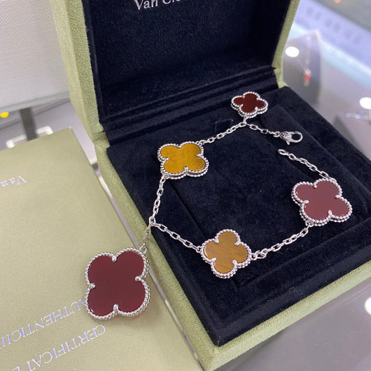[Vintora]CLOVER 5 MOTIFS SIVLER CARNELIAN TIGER EYE BRACELET