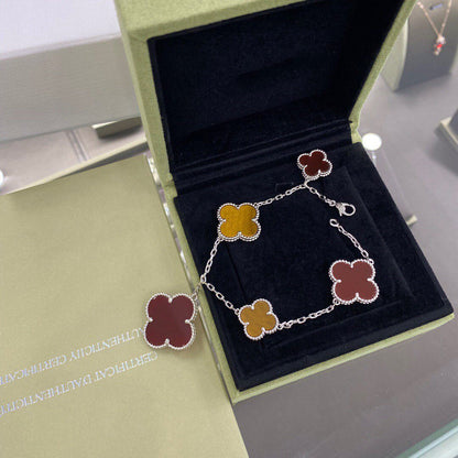 [Vintora]CLOVER 5 MOTIFS SIVLER CARNELIAN TIGER EYE BRACELET