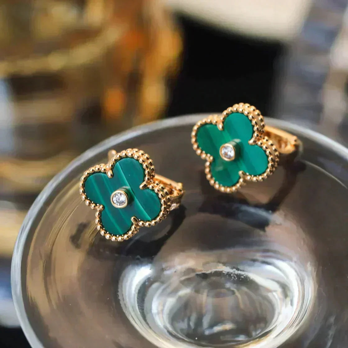 [Vintora]CLOVER MEDIUM 1 MOTIFS MALACHITE DIAMOND EARRINGS