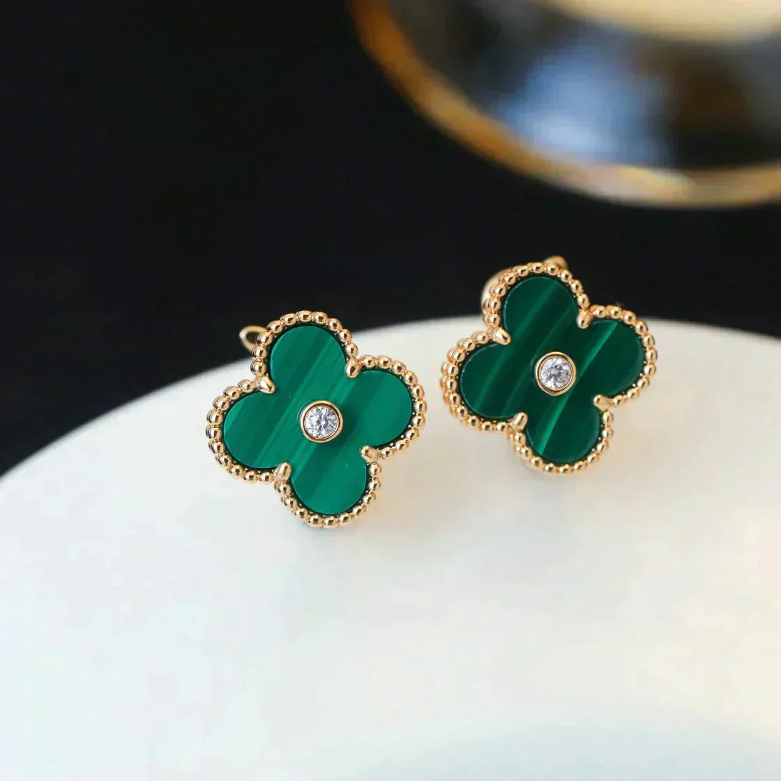 [Vintora]CLOVER MEDIUM 1 MOTIFS MALACHITE DIAMOND EARRINGS