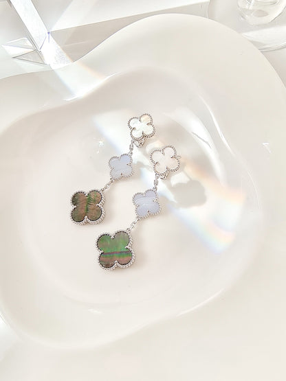 [Vintora]CLOVER 3 MOTIFS CHALCEDONY DARK MOP SILVER EARRINGS