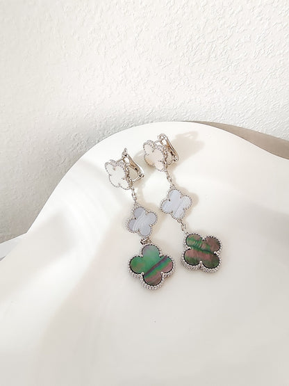 [Vintora]CLOVER 3 MOTIFS CHALCEDONY DARK MOP SILVER EARRINGS