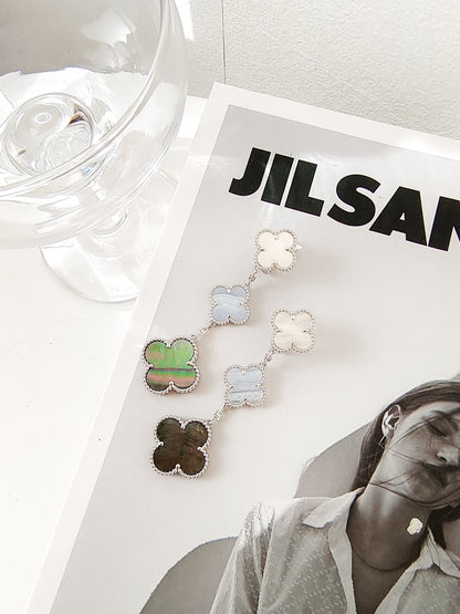 [Vintora]CLOVER 3 MOTIFS CHALCEDONY DARK MOP SILVER EARRINGS