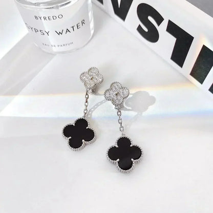 [Vintora]CLOVER 2 MOTIFS  DIAMOND ONYX EARRINGS SILVER