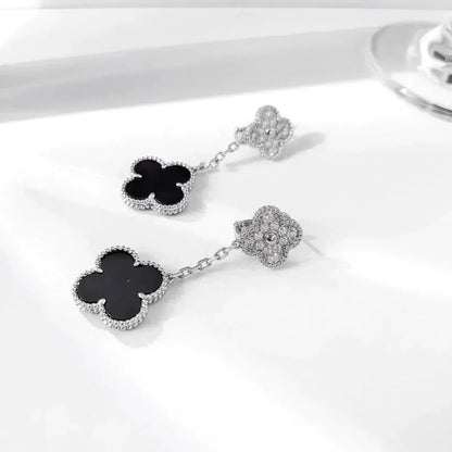 [Vintora]CLOVER 2 MOTIFS  DIAMOND ONYX EARRINGS SILVER