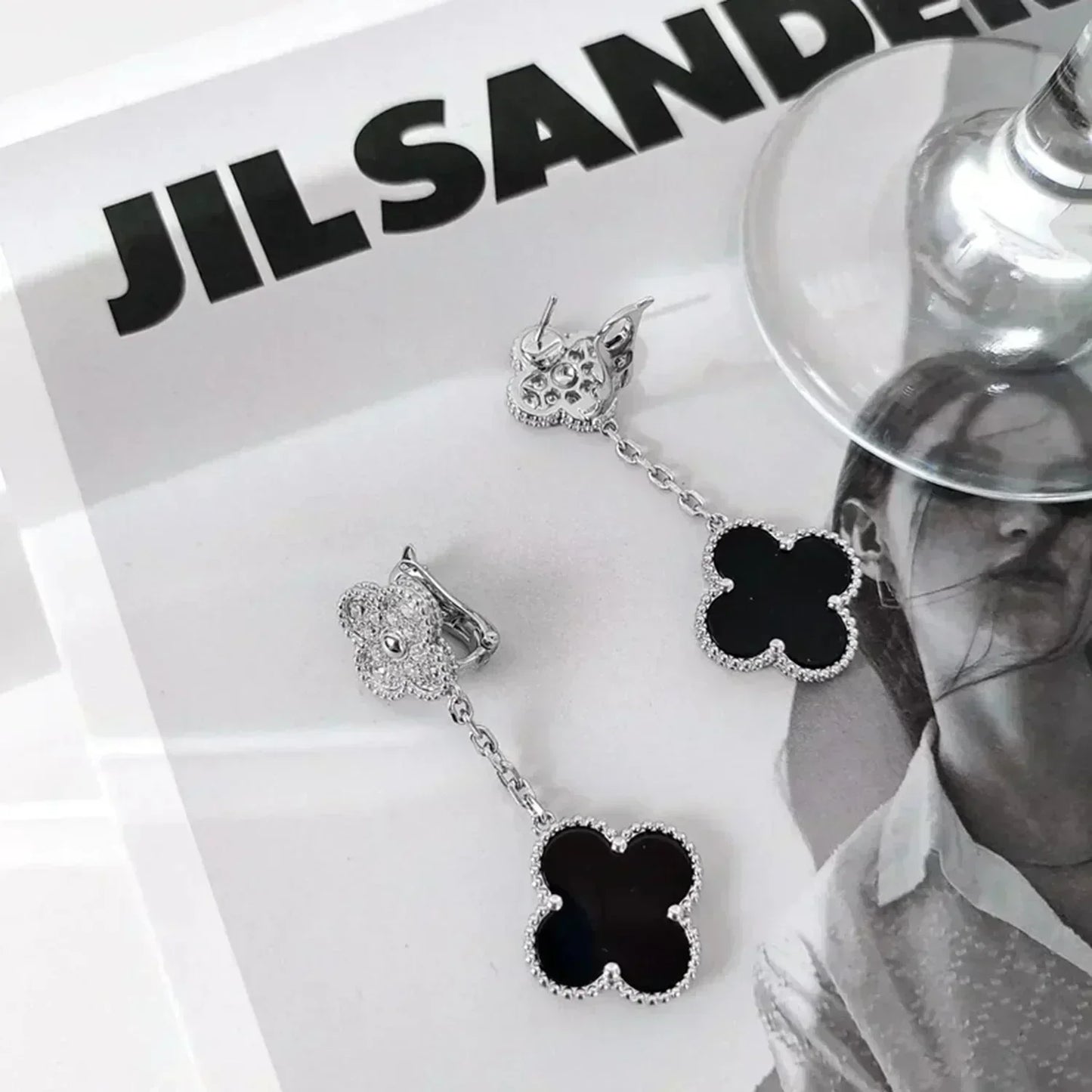 [Vintora]CLOVER 2 MOTIFS  DIAMOND ONYX EARRINGS SILVER