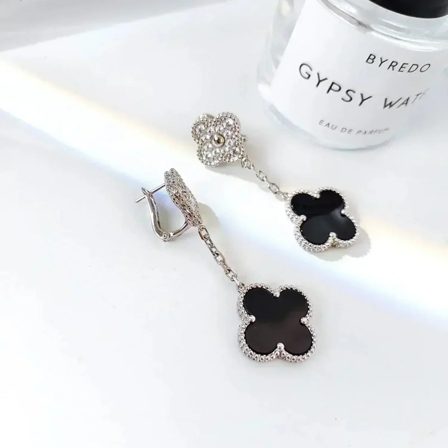 [Vintora]CLOVER 2 MOTIFS  DIAMOND ONYX EARRINGS SILVER