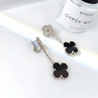 [Vintora]CLOVER 2 MOTIFS  DIAMOND ONYX EARRINGS SILVER