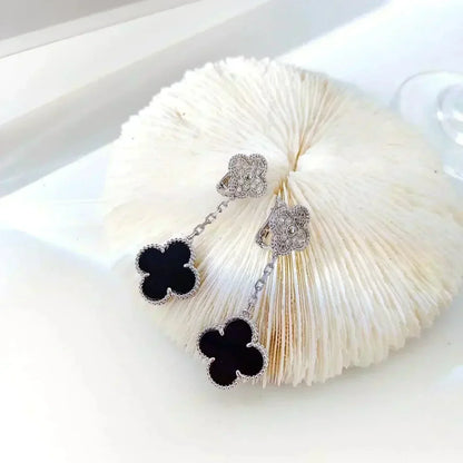 [Vintora]CLOVER 2 MOTIFS  DIAMOND ONYX EARRINGS SILVER