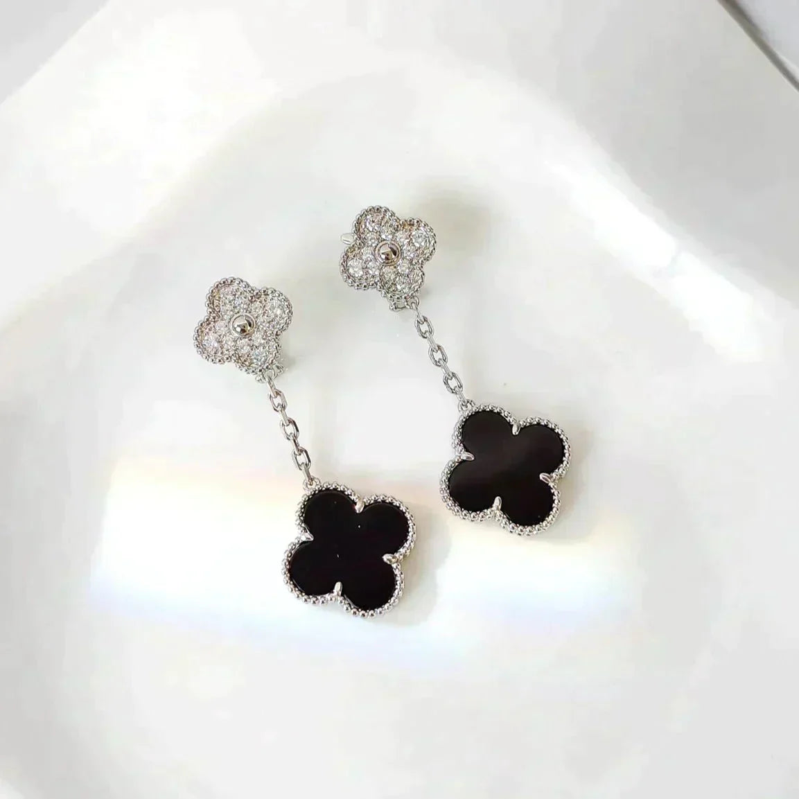 [Vintora]CLOVER 2 MOTIFS  DIAMOND ONYX EARRINGS SILVER