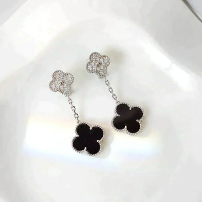 [Vintora]CLOVER 2 MOTIFS  DIAMOND ONYX EARRINGS SILVER