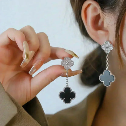 [Vintora]CLOVER 2 MOTIFS  DIAMOND ONYX EARRINGS SILVER