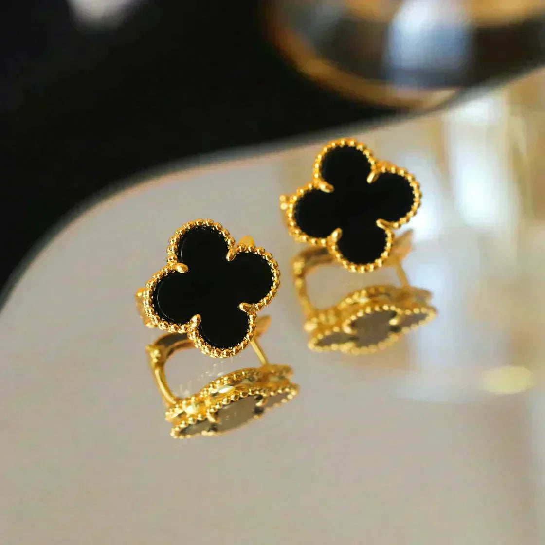 [Vintora]CLOVER MEDIUM 1 MOTIFS  ONYX STUD EARRINGS