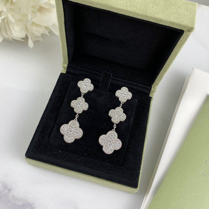 [Vintora]CLOVER 3 MOTIF DIAMOND SILVER DROP EARRINGS