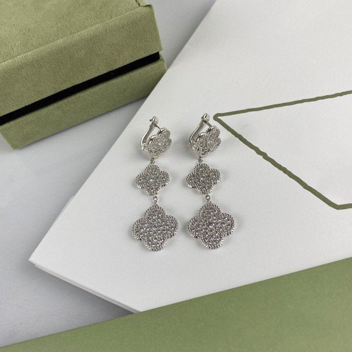 [Vintora]CLOVER 3 MOTIF DIAMOND SILVER DROP EARRINGS