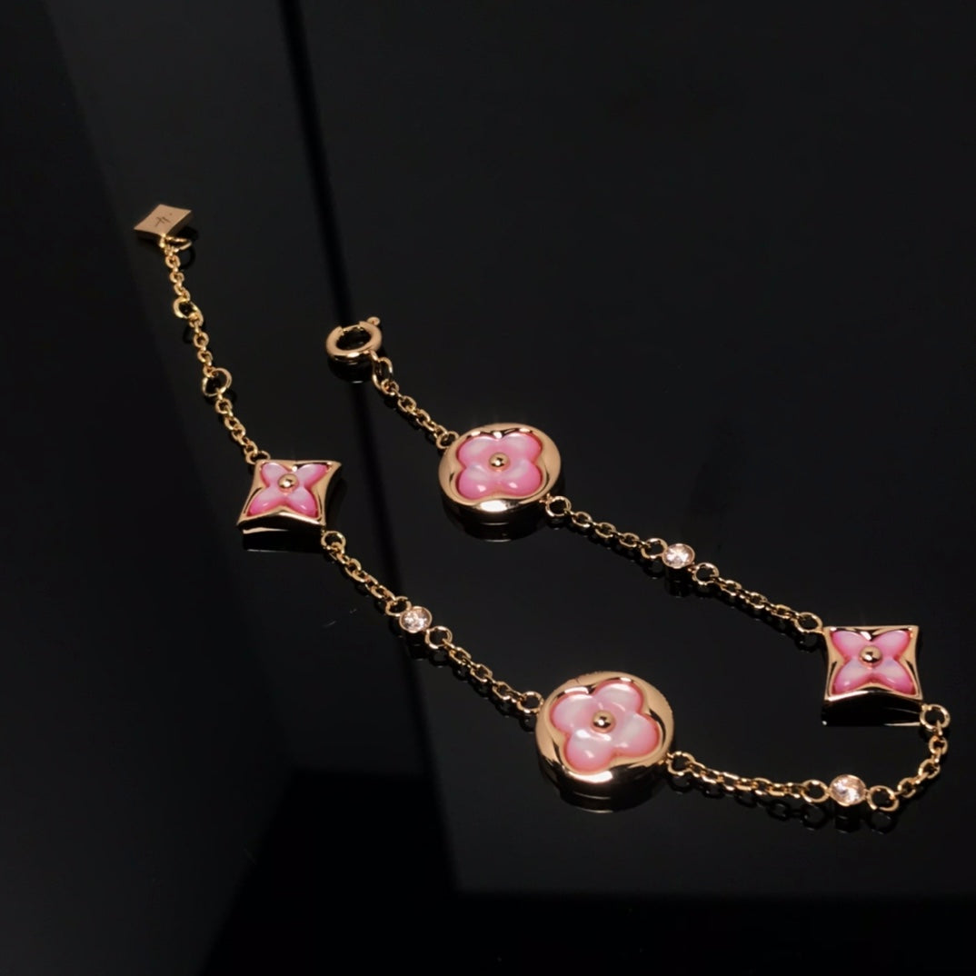 [Vintora]STAR AND SUN 4 MOTIF PINK MOP PINK GOLD BRACELET