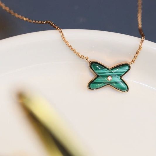 [Vintora]JEUX MALACHITE 1 DIAMOND PINK GOLD NECKLACE