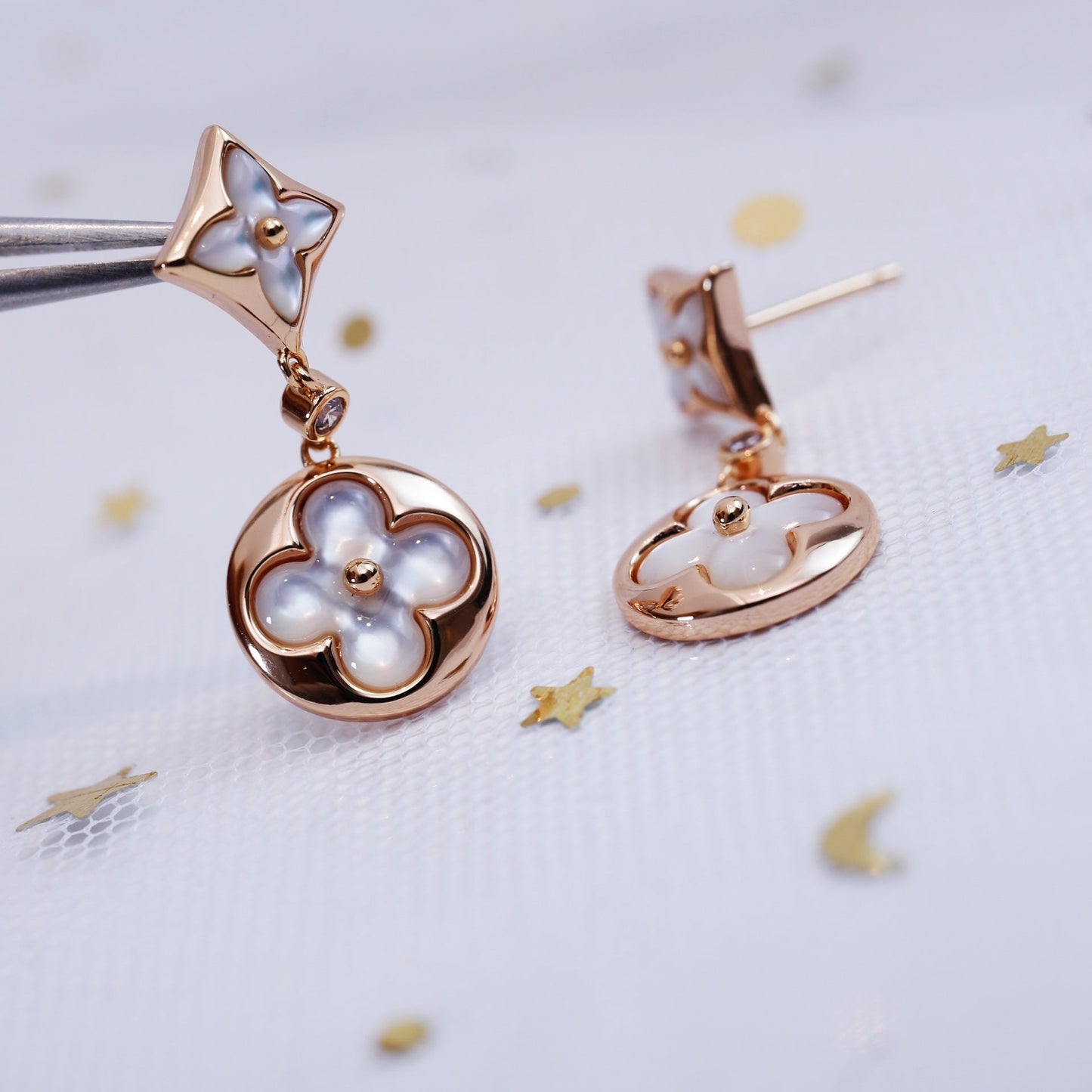 [Vintora]STAR AND SUN PINK GOLD MOP DROP EARRINGS