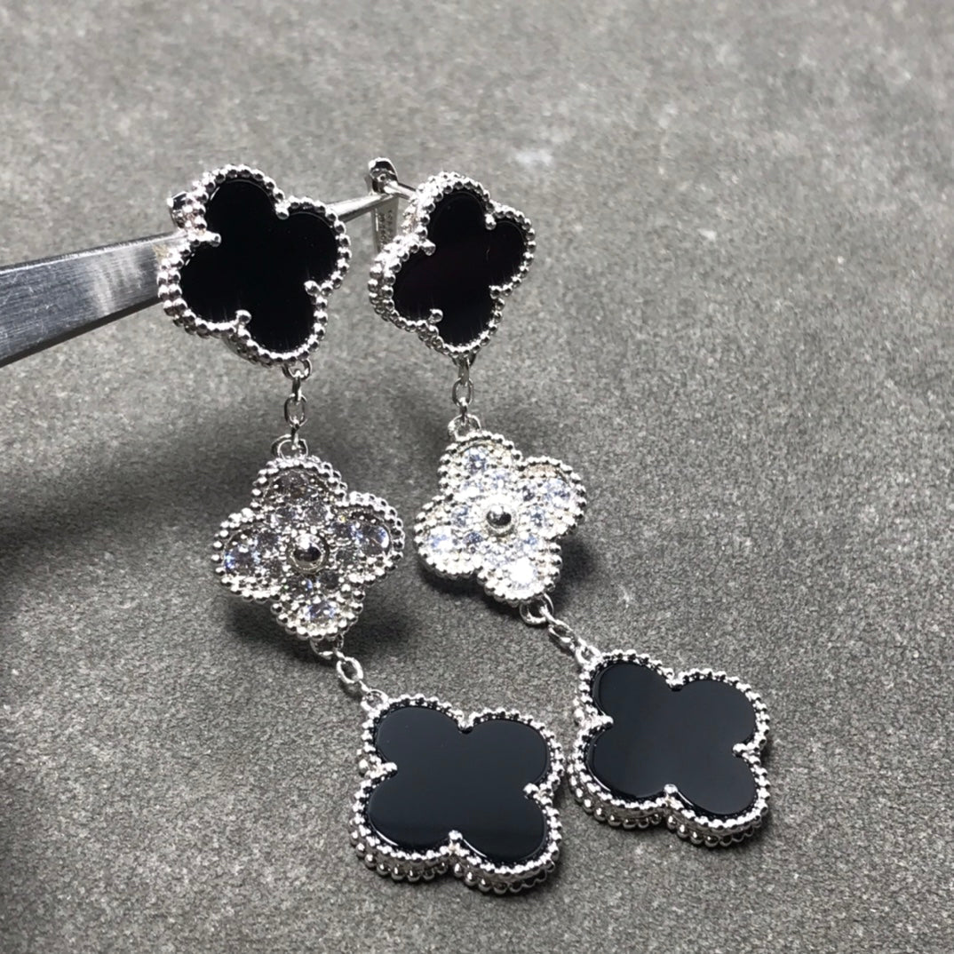 [Vintora]CLOVER 3 MOTIF DIAMOND ONYX SILVER EARRINGS