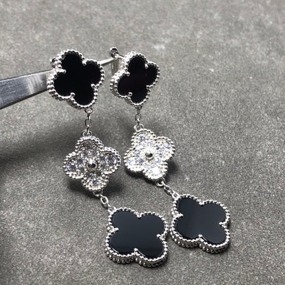 [Vintora]CLOVER 3 MOTIF DIAMOND ONYX SILVER EARRINGS