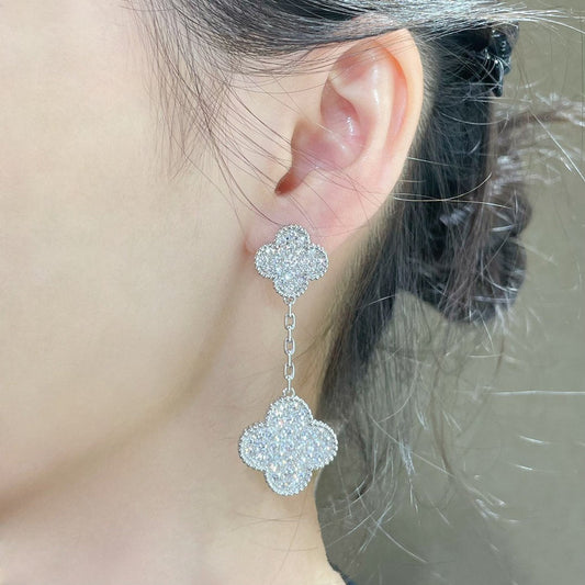 [Vintora]CLOVER 2 MOTIFS DIAMOND PAVED SILVER EARRINGS