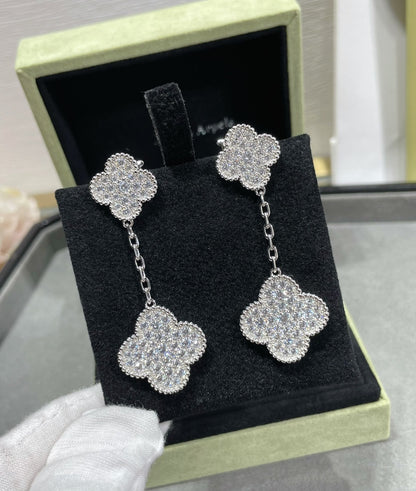 [Vintora]CLOVER 2 MOTIFS DIAMOND PAVED SILVER EARRINGS