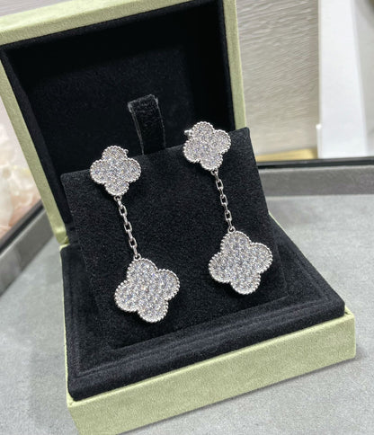 [Vintora]CLOVER 2 MOTIFS DIAMOND PAVED SILVER EARRINGS