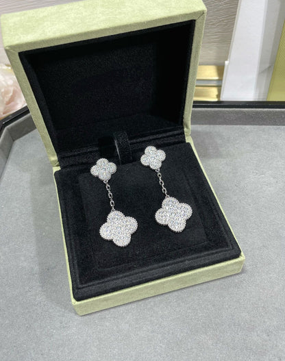 [Vintora]CLOVER 2 MOTIFS DIAMOND PAVED SILVER EARRINGS