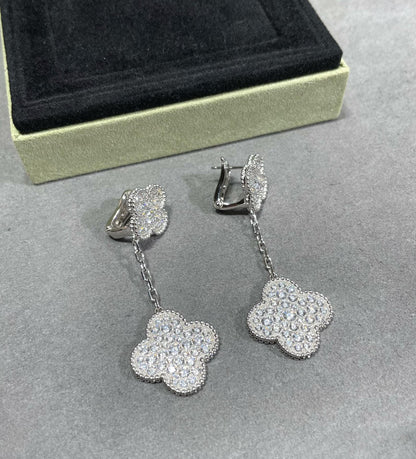 [Vintora]CLOVER 2 MOTIFS DIAMOND PAVED SILVER EARRINGS